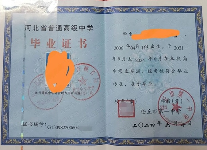 大理任丘市第一中学高中毕业证样本图片