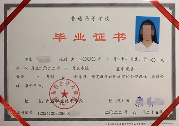 大理青岛职业技术学院毕业证样本图片